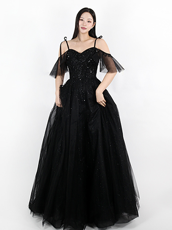 블랙 비즈 끈 오프숄더 드레스 (S-6XL코르셋) 블랙셀프웨딩 2부 피로연 빅사이즈 연주회 콩쿨