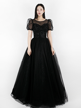 블랙 비즈 퍼프소매 드레스 (S-6XL코르셋) 블랙셀프웨딩 2부 피로연 빅사이즈 연주회 콩쿨